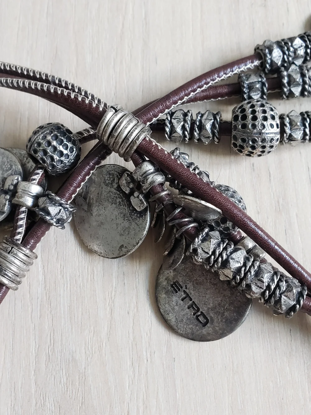 Vintage Etro Italian Multi-Strand Leather Belt Silver Coin Charms Made in Italy